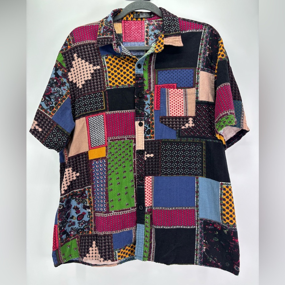 Patchwork button down short sleeve shirt XL 100% cotton colorful retro